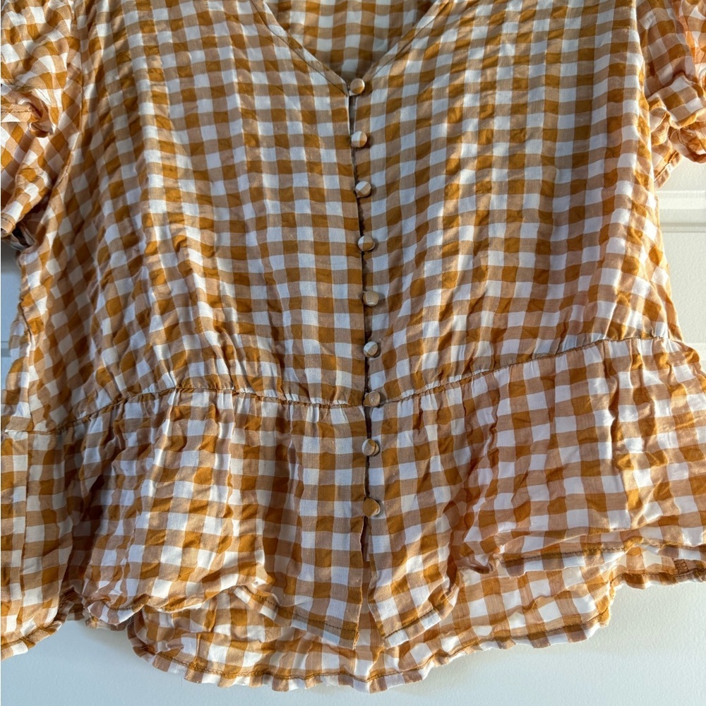 Warehouse Women’s Mustard Yellow Gingham Peplum Hem Top - Picture 11 of 14